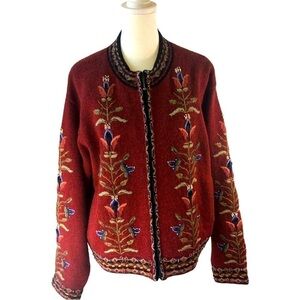 Icelandic Design Wool Zip Cardigan Women L Red and Embroidery Accents
